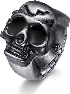 Unisex Black Analog Quartz Punk Skull Flip-Open Adjustable Finger Ring Watch